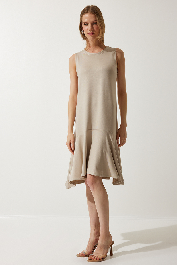 Crew Neck Knitted Flounce Bell Dress Lbf0014 Beige