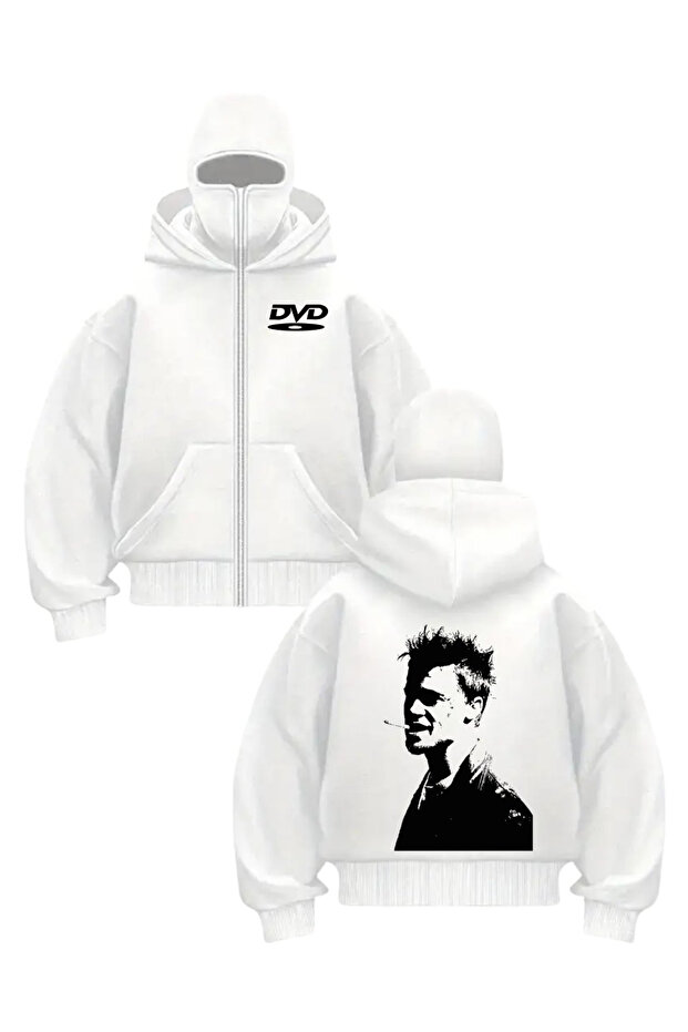 White Unisex Snow Masked Tylor Dvd Printed Oversize Cardigan