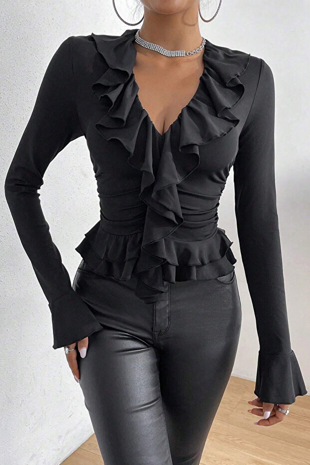 Hosszú ujjú, V-nyakú fodros blúz - 1