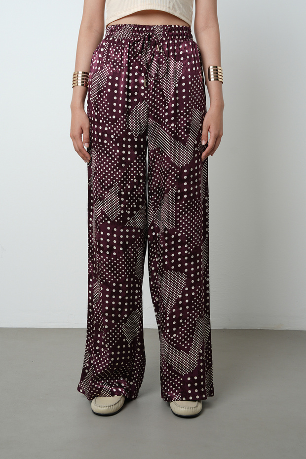 Women's Burgundy Color Polka Dot Patterned Wide Leg Elastic Waist Trousers