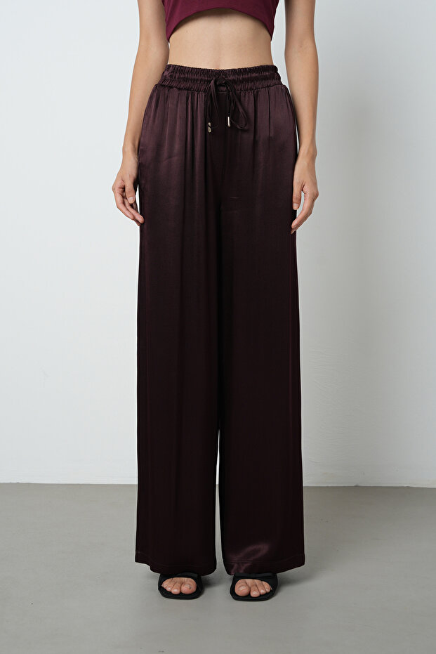 Women's Burgundy Color Plain 100% Viscose Wide Leg Elastic Waist Trousers