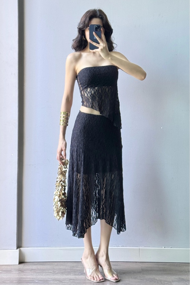 Women's Black Lace Crop Skirt Set 1026-221725
