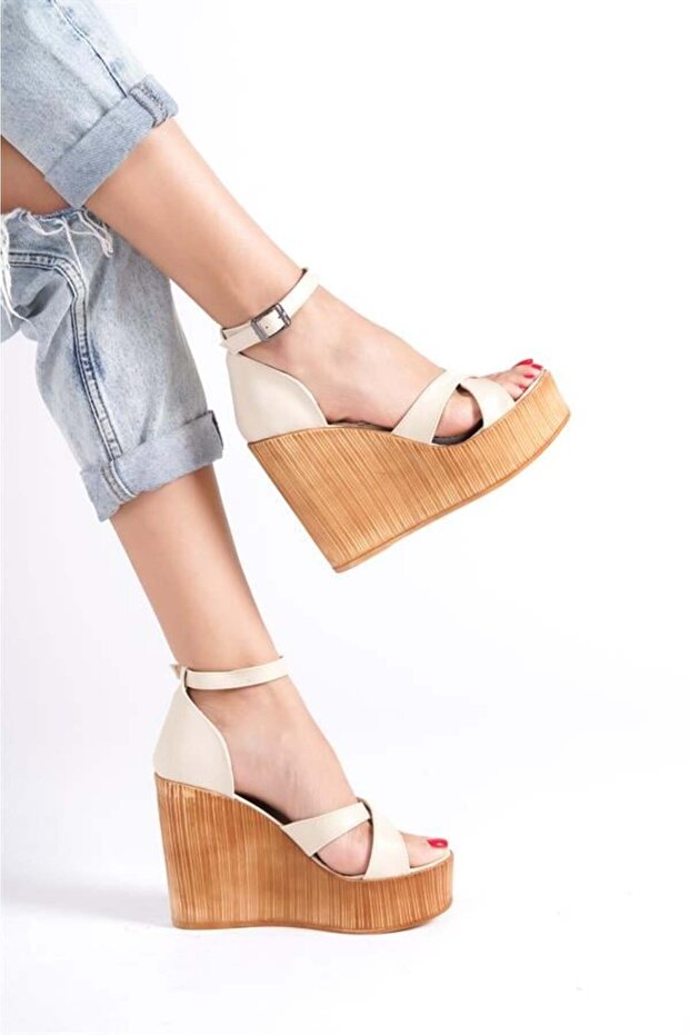 Women's Beige Cross Strap High Heel Wedge Sole Shoes