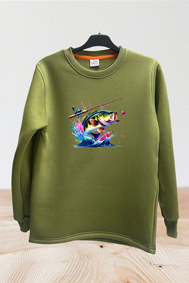 Fishing Colorful Sea Bass Fish Printed Hunting Regular Fit 100% Cotton Sweatshirt