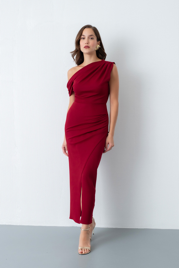 Kadın Bordo Omuz Dekolteli Midi Davet Elbisesi - 4