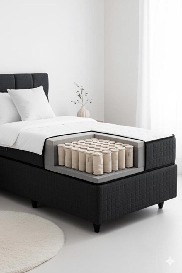 Nova Yatak Tek Kişilik Lüks Yatak - 25 cm Paket Yaylı Ortopedik, Orta Sert, Antrasit, Pamuklu Kumaş - 7