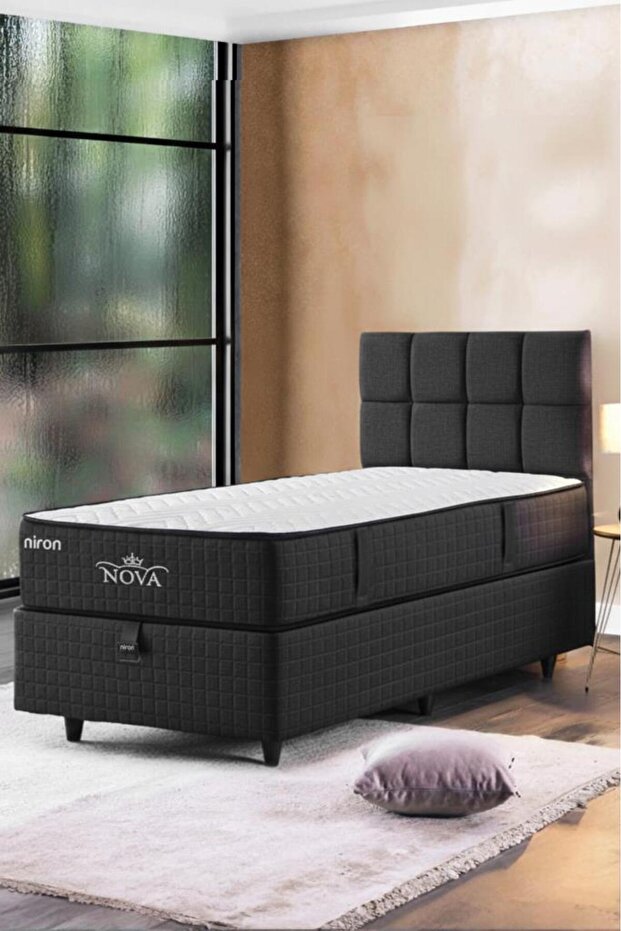 Nova Yatak Tek Kişilik Lüks Yatak - 25 cm Paket Yaylı Ortopedik, Orta Sert, Antrasit, Pamuklu Kumaş - 1