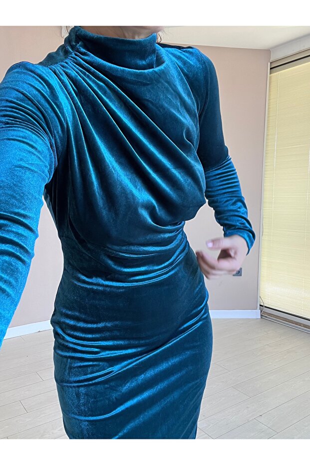 drapeli kadife şık gece elbise - 4