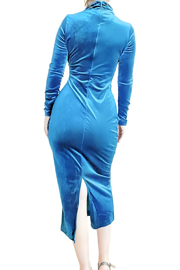 drapeli kadife şık gece elbise - 5