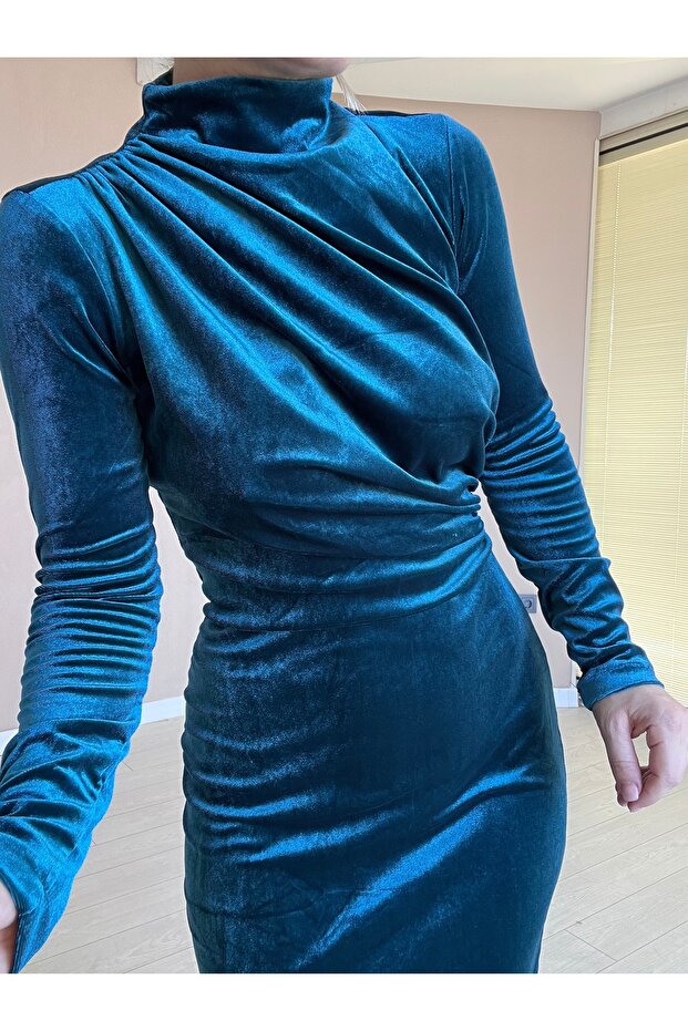 drapeli kadife şık gece elbise - 2