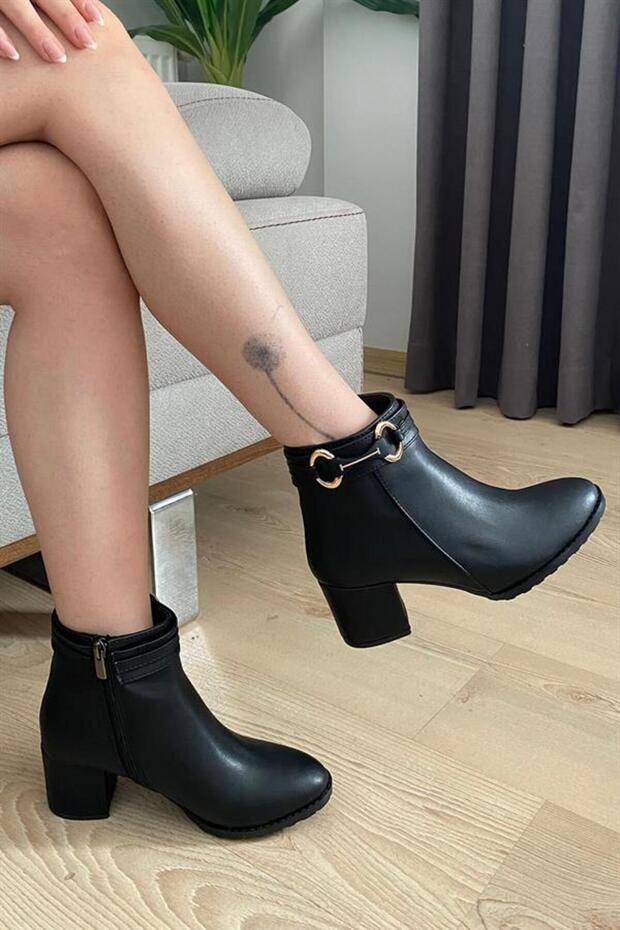 Women's Black Leather Long Buckle (6 cm) Heeled Oval Toe Boots