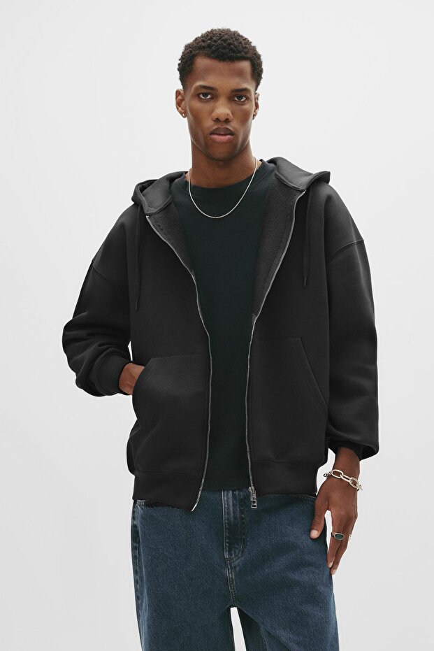 Basic kapüşonlu fermuarlı sweatshirt - 1