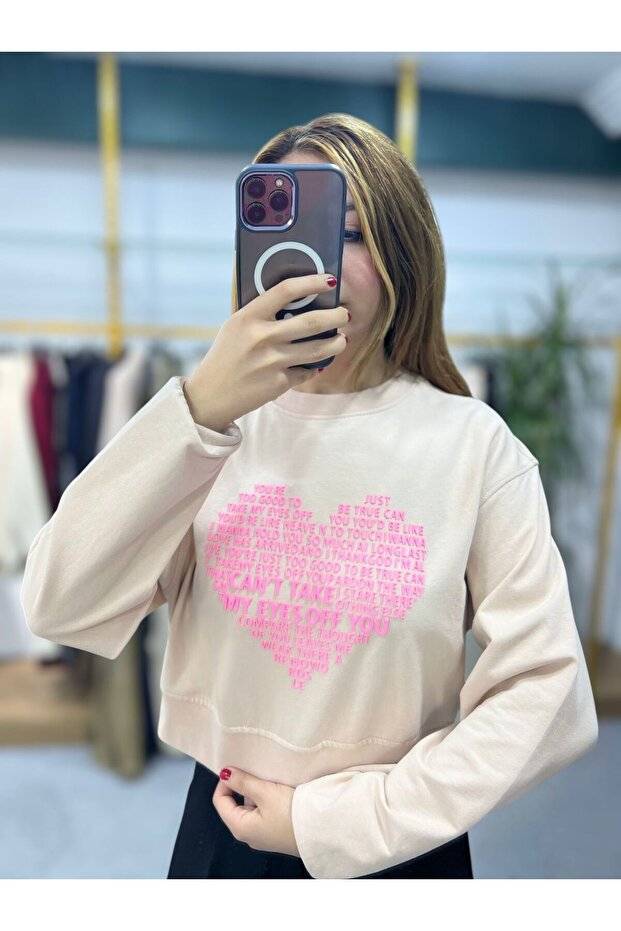 Baskılı Crop Sweatshirt - 1