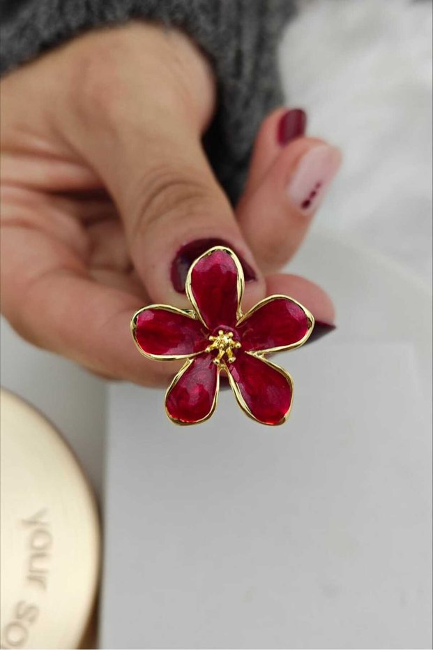 Burgundy Petal Flower Gold Women's Ring (3cm)