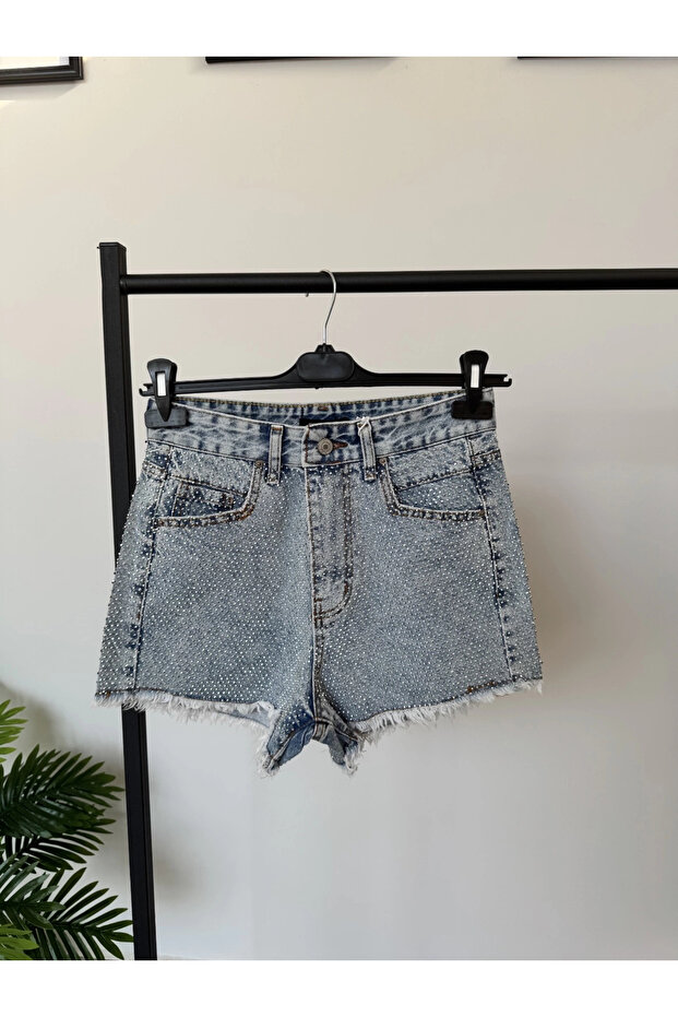 Taşlı Kot Şort - 4