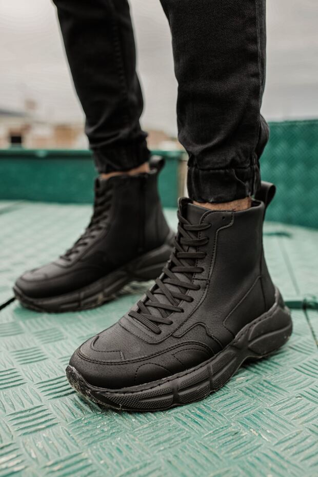 Zippered Lace Detailed Men's Sneaker Boots Black