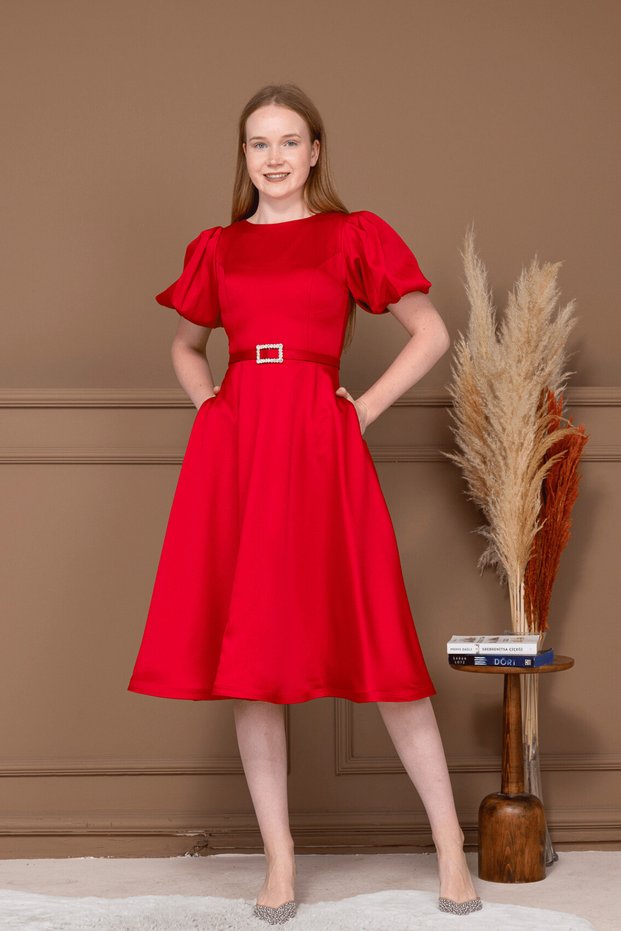 Satin Belt Detail Midi Dress - Red