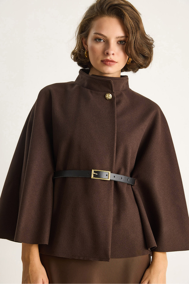 Women's Brown Gold Button Detailed Belted Poncho 2712 60261570