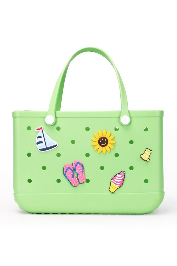 EVA Rubber Beach Tote Bag with 5 Summer Charms for Women & Family - Green-Medium