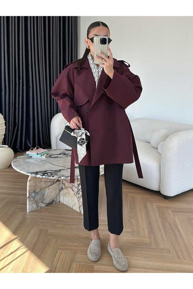 Mürdüm Oversize Düşük Omuz Kısa Trenç - 9580 - 6