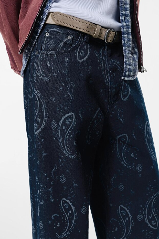 Paisley desenli, geniş paça jean - 5