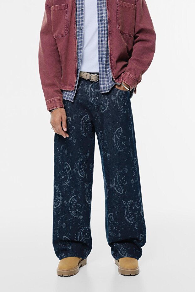 Paisley desenli, geniş paça jean - 2