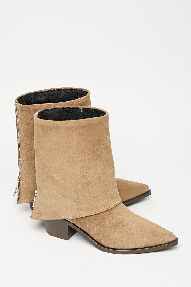 Camel Suede Women's Genuine Leather Western Heeled Boots – Pointed Toe & Zipper Accessory