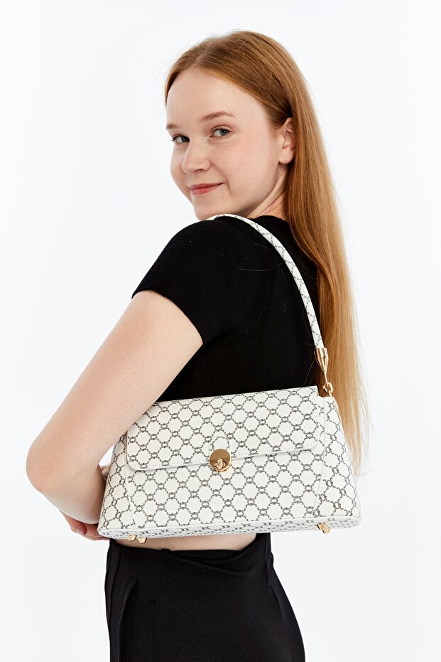 Patterned White Women's Retro Front Flap Leather Look Shoulder Bag