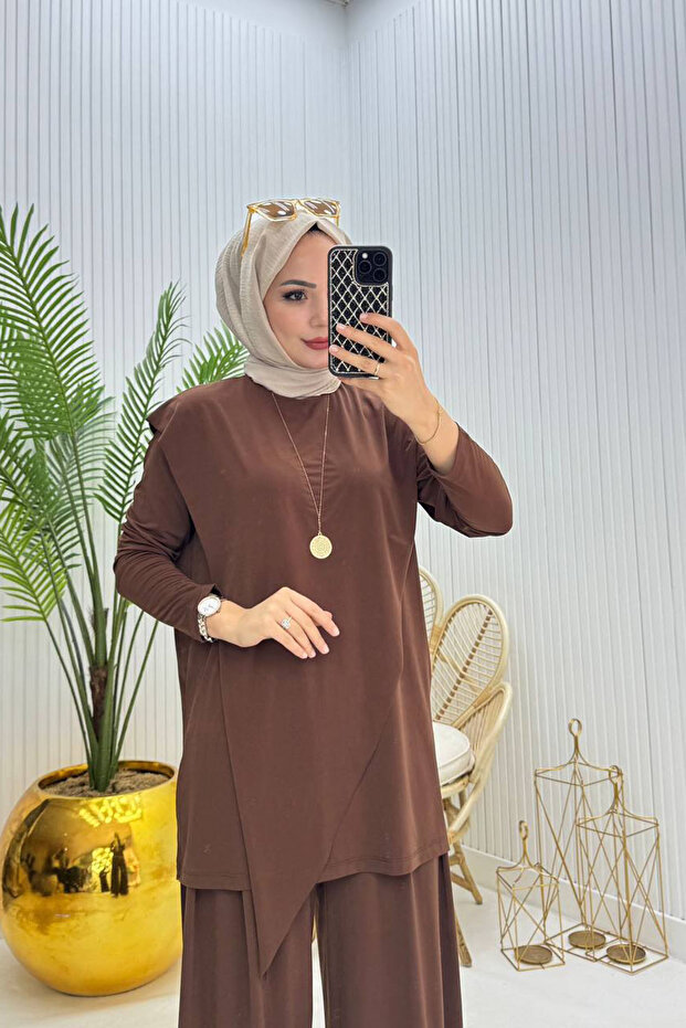 Women's Candy Fabric Asymmetrical Cut Tunic Pants Two-Piece Hijab Suit Nms072