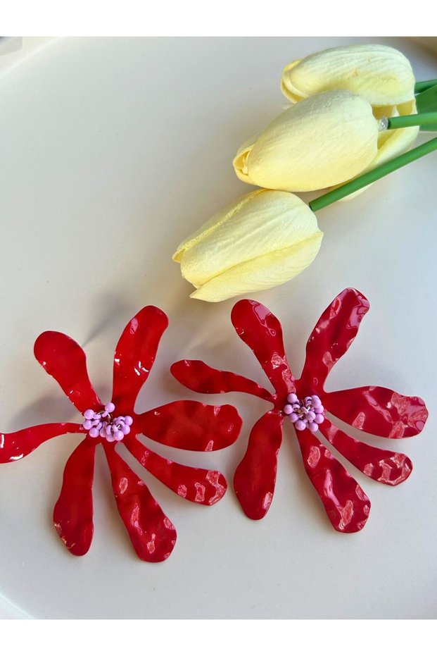 Large Earrings with Red Flower Detail