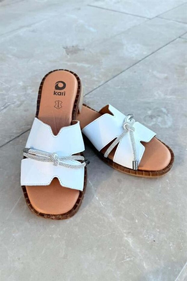 Women's Genuine Leather Stone Detailed Slippers