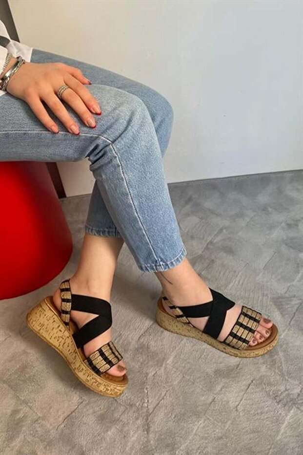 Women's Black Straw Detailed Elastic Thick Cork Sole Orthopedic Sandals K-220