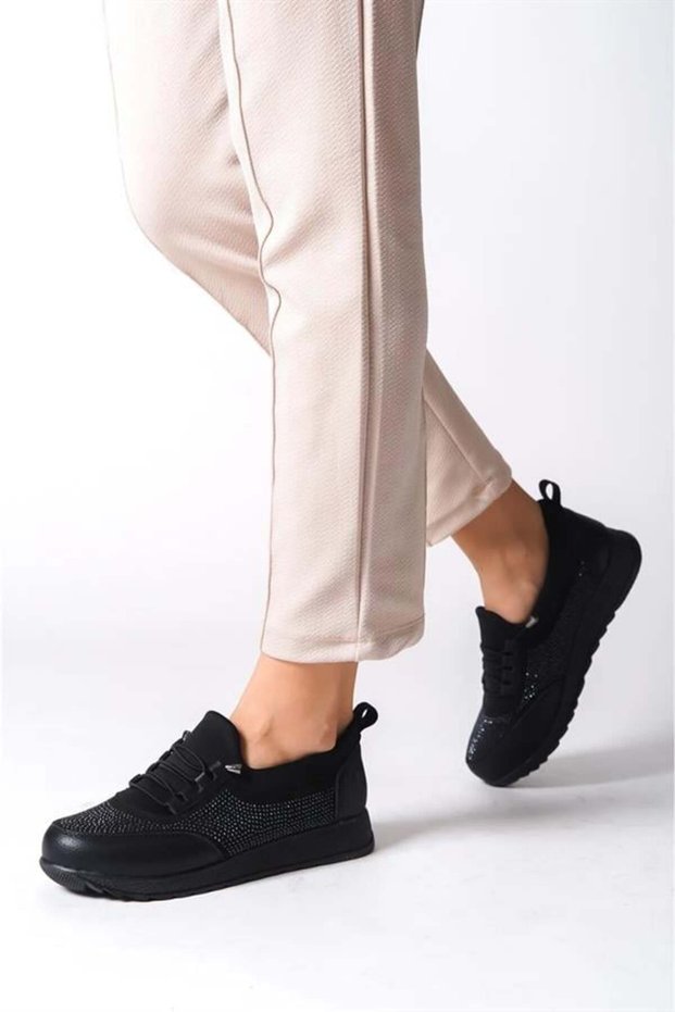 Women's Black Stone Laced Elastic Orthopedic Comfortable Sole Stone Detailed Daily Ballerina Mother Shoes