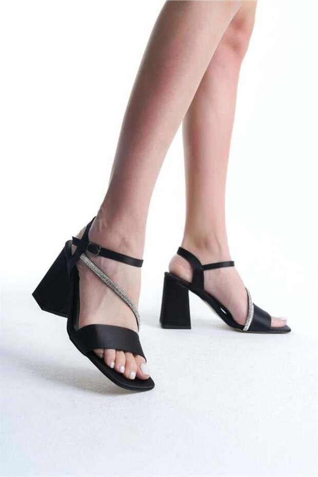 Women's Black Satin 9 cm Thick Heeled Shoes with Stone Detail