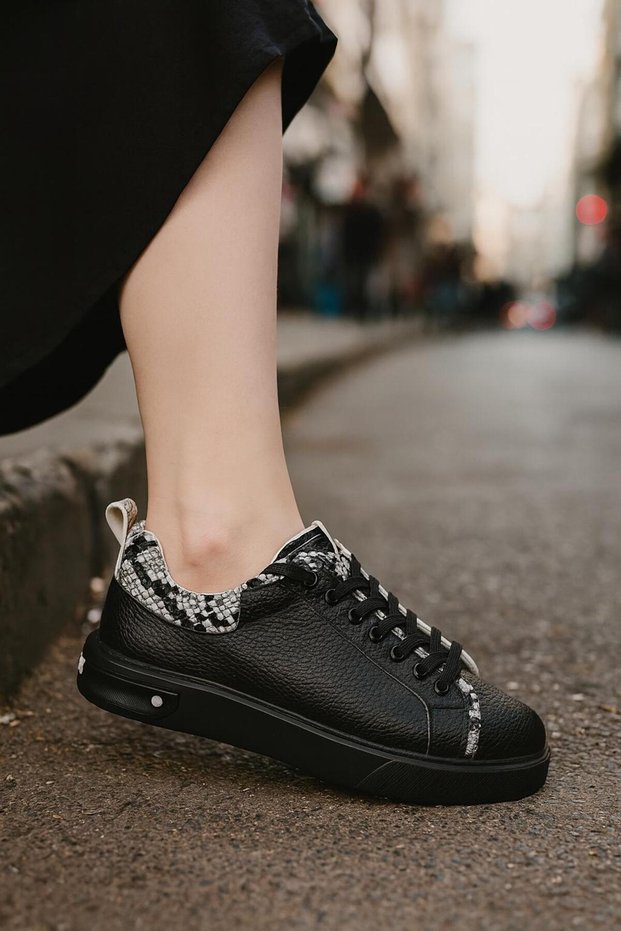Black Genuine Leather Women's Sports Shoes