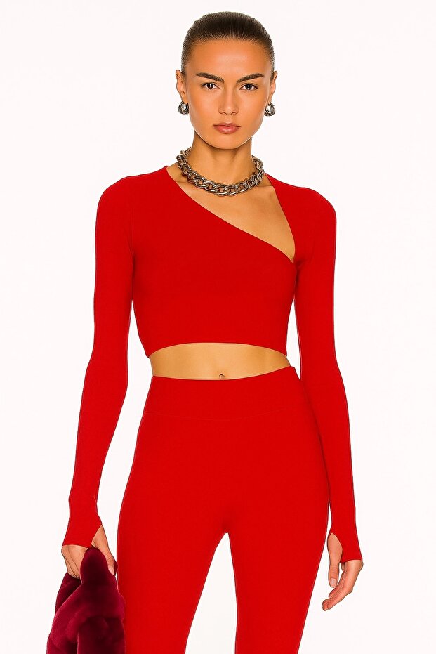 Women's Red Asymmetrical Neckline Long Sleeve Finger-Loop Sandy Fabric Crop Blouse