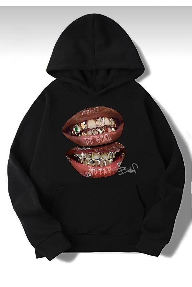 Oversize Unisex Hooded Sweatshirt with Lip Print