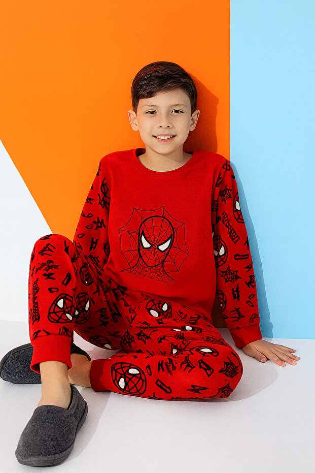 Erkek Kırmızı Genç VE Çocuk Desenli Uzun Kollu Polar Kumaş Kışlık Sıcak Tutan Pijama Takımı - 1
