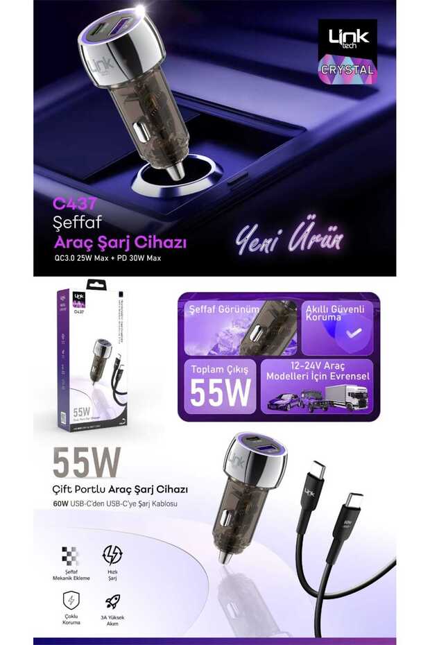 C437 Şeffaf 55W Çift PD (30W) ve QC (25W) Süper Hızlı Araç Şarj Cihazı Type-C→Type-C Kablo ile - 1