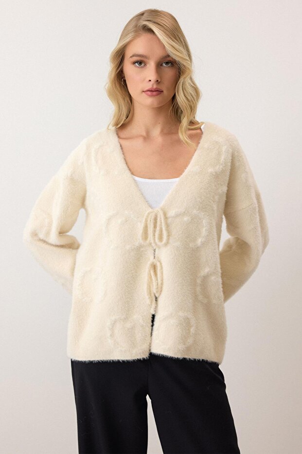 Önden Bağlamalı Soft Triko Hırka EKRU 8267 - 6