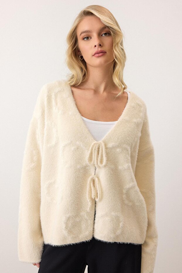 Önden Bağlamalı Soft Triko Hırka EKRU 8267 - 7