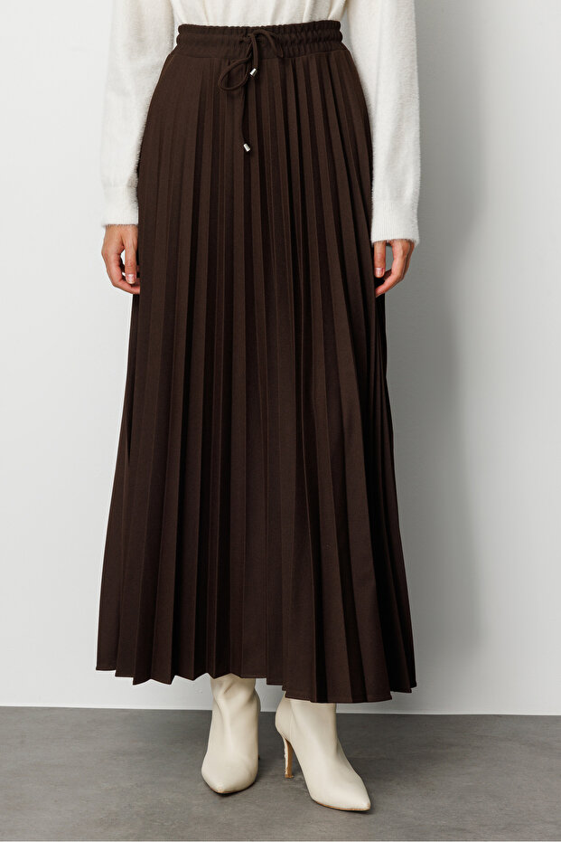 Örme Krep Piliseli Maksi Kahverengi Etek - 2