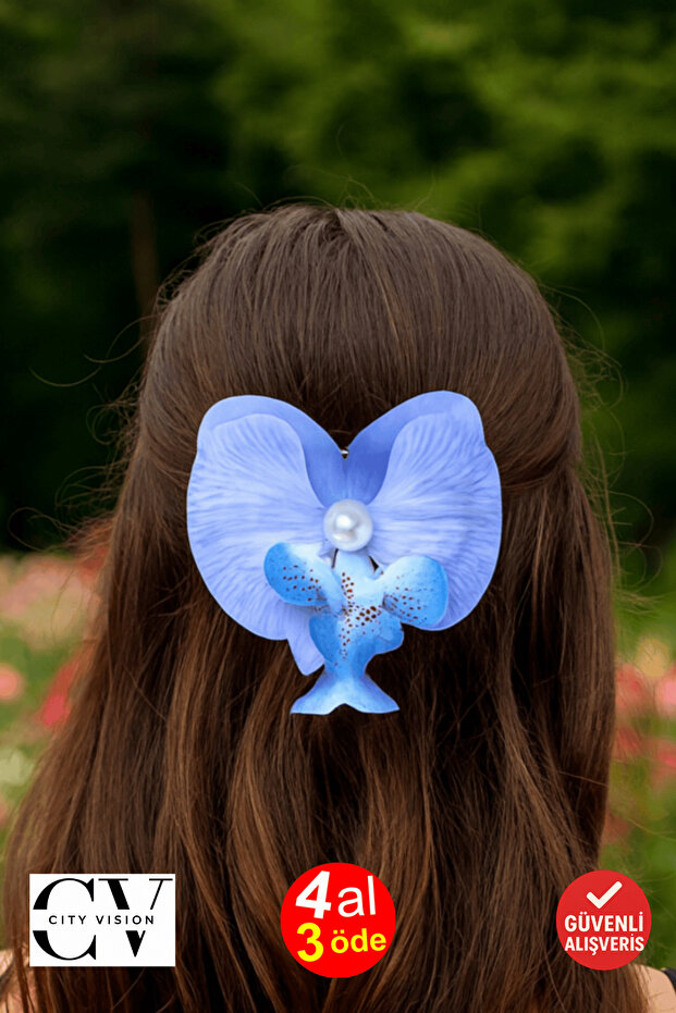 Orchid Flower Pearl Clasp 10 cm Double Sided Light Blue Color 1 Piece