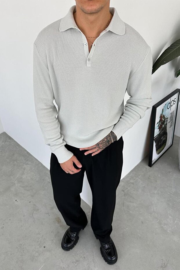 Gray Basic Ribbed Buttoned Collar Relaxed Sweater - 1