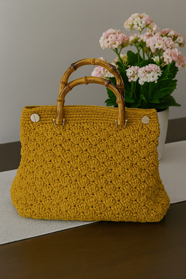 Hardal Rengi Tığ İşi Örgü Çanta, Bambu Saplı, El Yapımı Çanta - 2