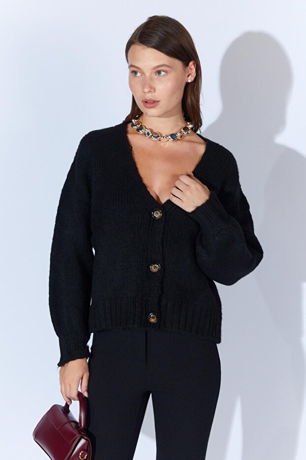 Kadın Siyah V Yaka Basic Hırka - 1