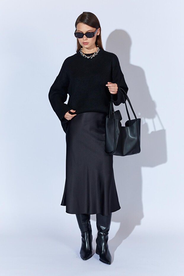 Kadın Siyah Bisiklet Yaka Basic Triko Kazak - 5