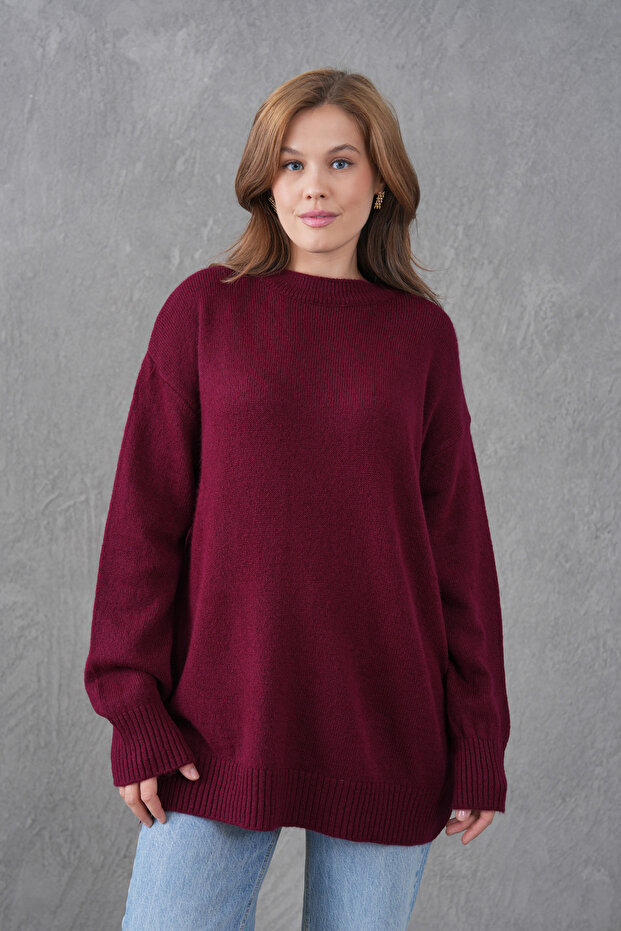 Claret Red Knitwear Crew Neck Oversize Design Sweater 4090