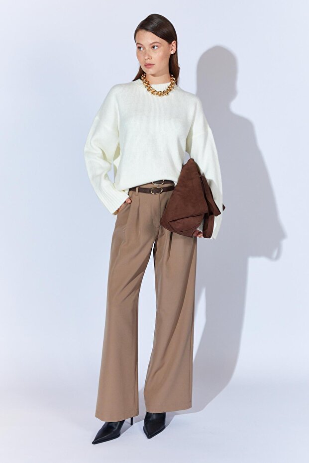 Kadın Krem Bisiklet Yaka Basic Triko Kazak - 6