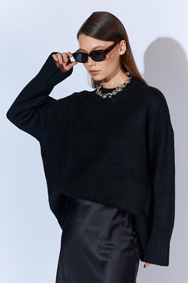 Kadın Siyah Bisiklet Yaka Basic Triko Kazak - 1